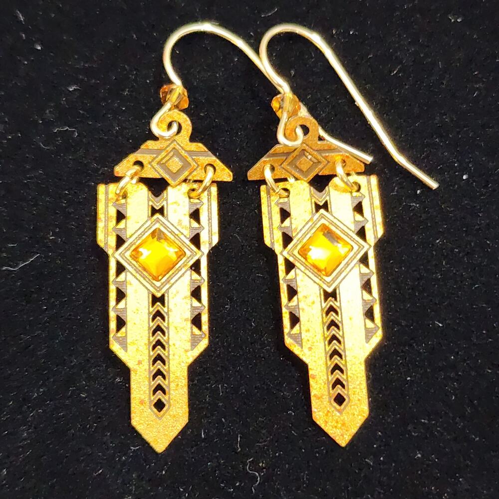 Hinged Metal Art Decor 'Sword' Earrings Brass With Diamond Shape Adajio Vintage